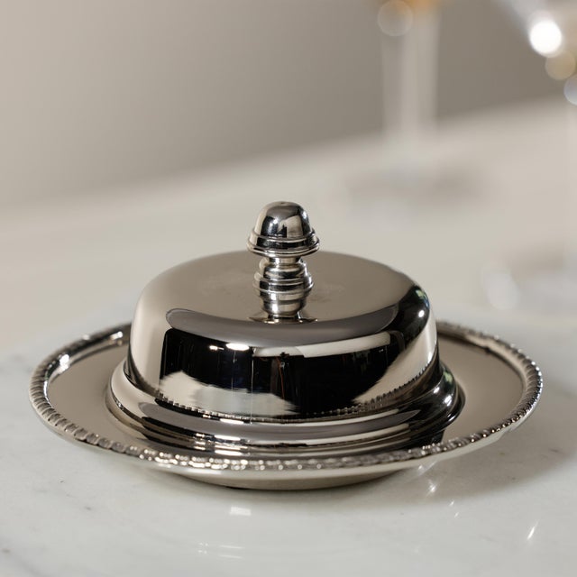 The Parisian Butter Dish w/ Cover+Glass- Nickel Glass butter dish with nickel base and cover designed for storing and...