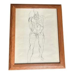 1940’s Original Male Nude Giacometti Style Ink Drawing in Oak Frame