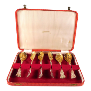 1950s Gold and Silver Dessert Spoons From I. Magnin in Red Case - Set of Six