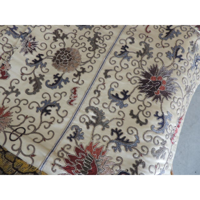 Antique Ecru and Red Silk Embroidery Chinese Textile Border. Silver and gold metallic threads embroidered onto silk....