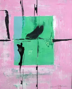 Popcorn. VI Framed Abstract Purple and Green Painting