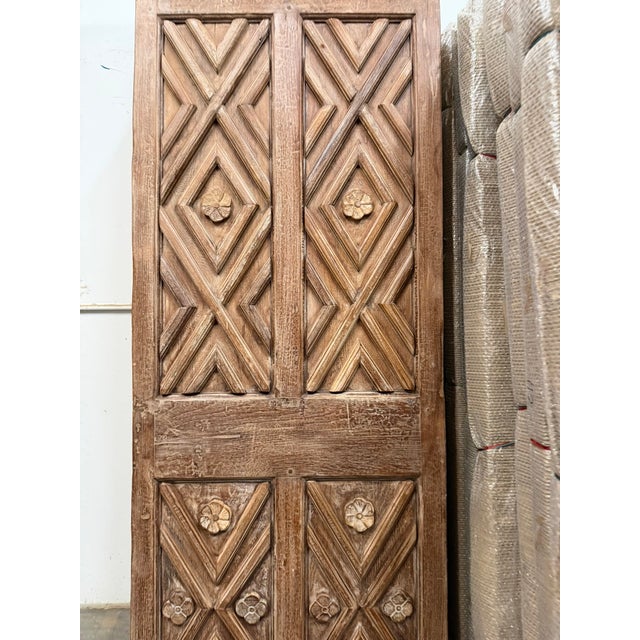 Antique Rustic Geometric Chevron Hand-Carved Wooden Doors 80x30 For Sale In Orlando - Image 6 of 7