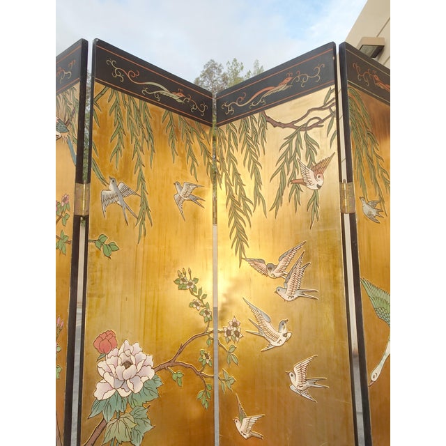 84" Tall Vintage Eight Panel Oriental Asian Gold Folding Screen Room Divider W Birds For Sale In Los Angeles - Image 6 of 13