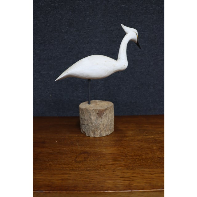 White Hand-Carved White Heron Sculpture on Natural Wood Base by Roe For Sale - Image 8 of 9