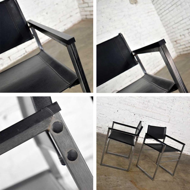 Vintage Chrome & Black Vinyl Faux Leather Sling Director’s Chairs Straight Legs, a Pair For Sale - Image 11 of 12