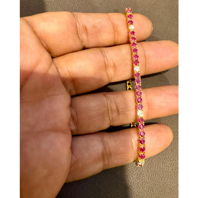 Natural Round Ruby & Diamond Tennis Bracelet 14 Karat Yellow Gold 6.75 Inch For Sale - Image 4 of 18