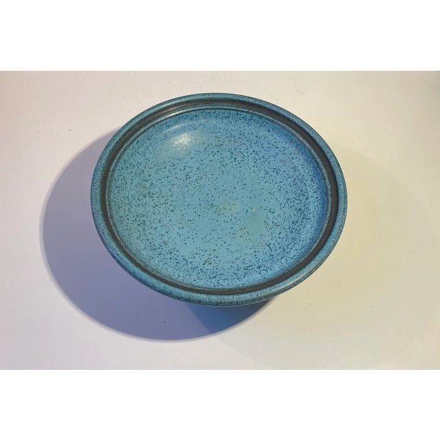 Unusual footed cake or fruit stand/bowl decorated with blue and black spotted paint. A simple yet powerfull and vibrant in...