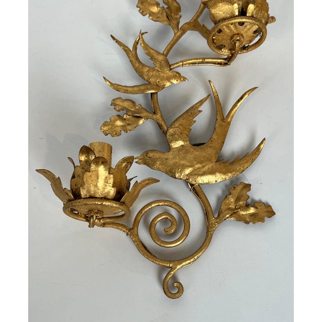 1970s French gilded metal bird wall sconces in the style of Maison Baguès - a Pair For Sale - Image 10 of 12
