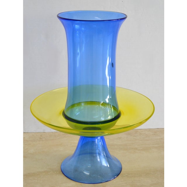 Mid-Century Modern 1960s Seguso Italy Blue & Yellow Murano Art Glass Vase For Sale - Image 3 of 9