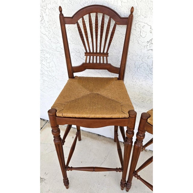 Early 21st Century Ethan Allen Country French Wheat Sheaf Back Rush Seat Bar Stools Set of 2 For Sale - Image 5 of 18