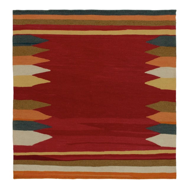 1980s Vintage Sofreh Kilim Rug in Red With Colorful Geometric BOrders For Sale