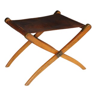 Vintage Art Nouveau Folding Stool with Leather, 1910s For Sale