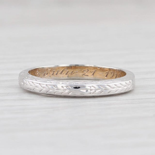 Anitque Caldwell Band 18k White Gold Wheat Etched Wedding Ring Size 6.5 Engraved For Sale - Image 4 of 7