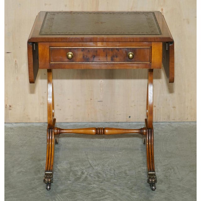 Extending Green Leather & Burr Yew Wood Side Table from Bevan Funnell For Sale - Image 3 of 18