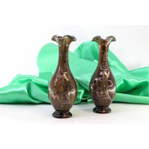 Metal Small Glazed Porcelain Vases with Silver Floral Applications, Set of 2 For Sale - Image 7 of 7