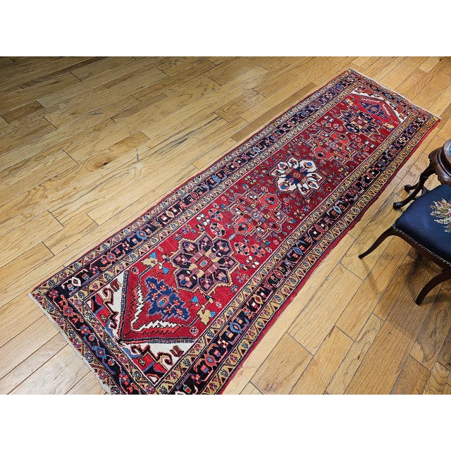 Textile Vintage Persian Heriz Wide Runner, Hand-Knotted Wool, Geometric Design, Red & Navy, 4x12 For Sale - Image 7 of 18