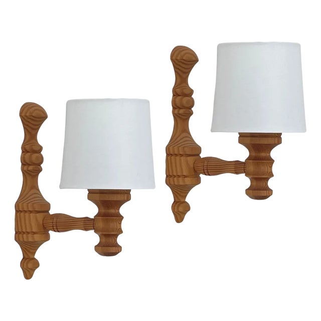 Pine and Fabric Wall Lights, Sweden, 1960s, Set of 2 For Sale