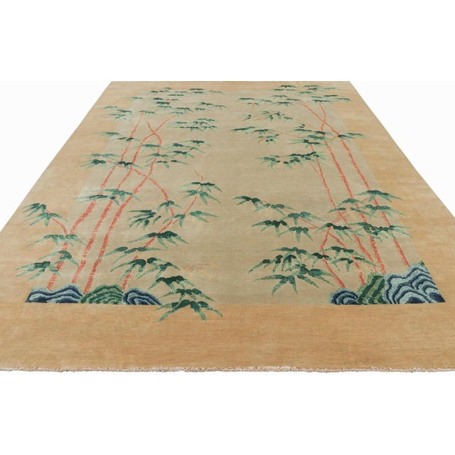 2010s Rug & Kilim’s Chinese Art Deco Style Rug, Bamboo Floral Patterns Over Gold Tones For Sale - Image 5 of 7