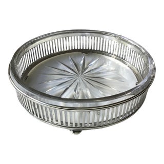 Vintage Sterling Silver Footed Reticulated Bottle Coaster Pressed Glass Insert With Starburst Pattern For Sale