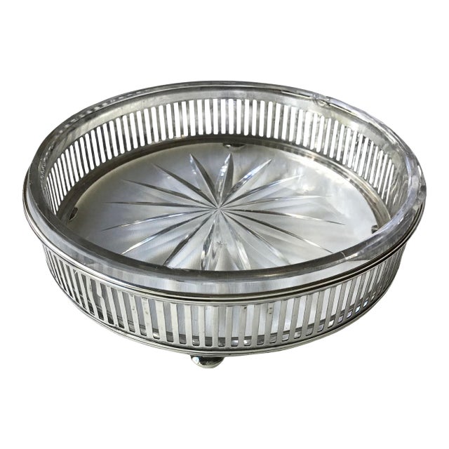 Vintage Sterling Silver Footed Reticulated Bottle Coaster Pressed Glass Insert With Starburst Pattern For Sale