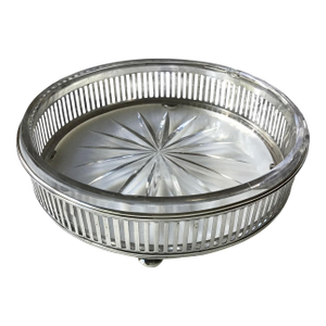 Vintage Sterling Silver Footed Reticulated Bottle Coaster Pressed Glass Insert With Starburst Pattern