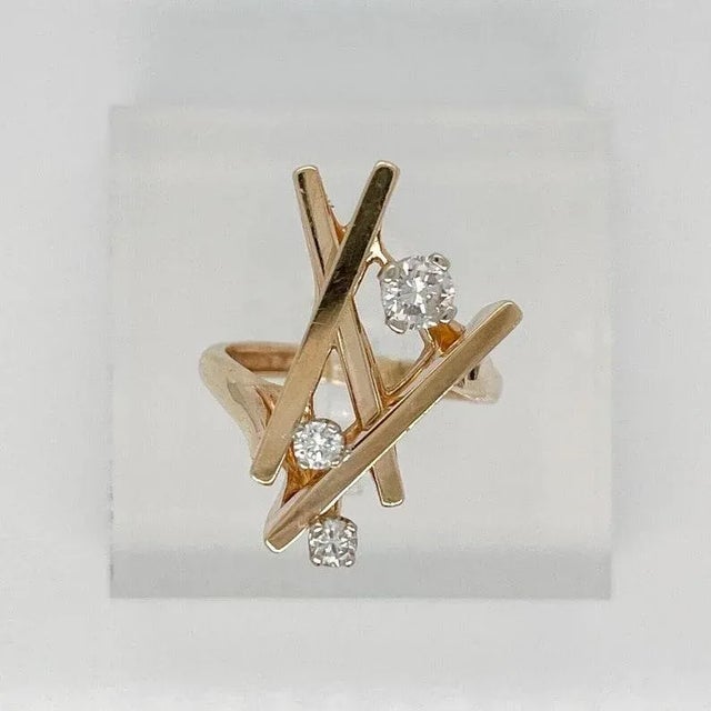 Vintage Signed Hammerman Bros Modernist 14 Karat Gold & Diamond Cocktail Ring Size 6.25 For Sale - Image 9 of 10