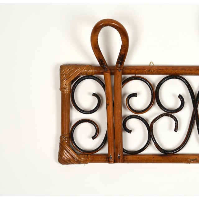 Brown Mid-Century Italian Rattan and Bamboo Wall Coat Rack Stand, 1960s For Sale - Image 8 of 10