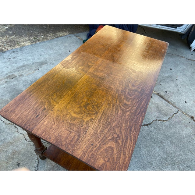 Antique Arts and Crafts Oak Library Desk Writing Table Wirh Shelf Mission Style For Sale - Image 10 of 18