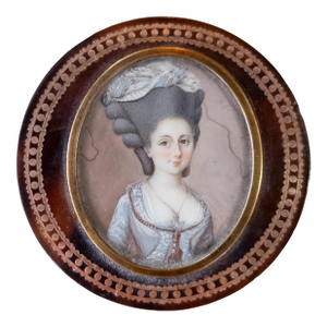 19th Century French Miniature Portrait of a Lady on Gold Inlaid Snuff Box
