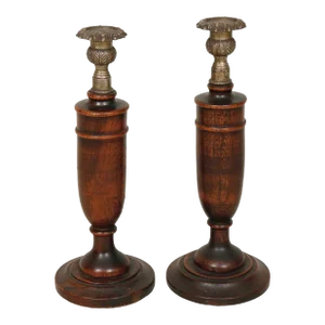 English Antique Silver & Oak Candlestick Holders - a Pair