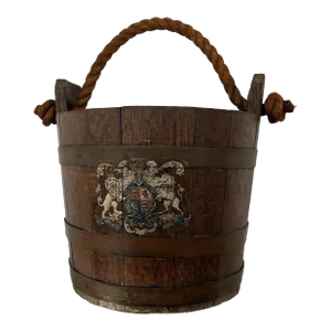 19th Century English Coat of Arms Banded Oak Wooden Fire Bucket