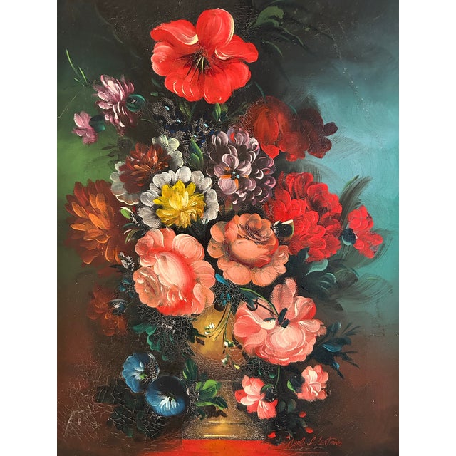 1960s Vintage Original Floral Still Life Oil Painting on Canvas Bright Colors in Vintage Frame For Sale - Image 5 of 7
