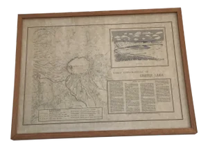Vintage 1977 Early Explorations Framed Historical Map of Crater Lake, Oregon