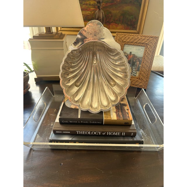1950s Reed & Barton Silver Plated Coquille Shell Dish With Engraved Crest For Sale - Image 4 of 4