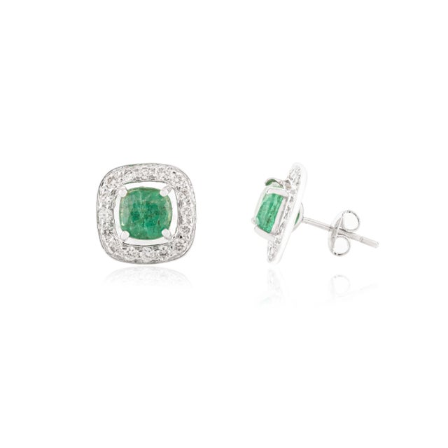 Modern 2.63 Ct Cushion Cut Emerald and Diamond Halo Stud Earrings- 2 Pieces For Sale - Image 3 of 9
