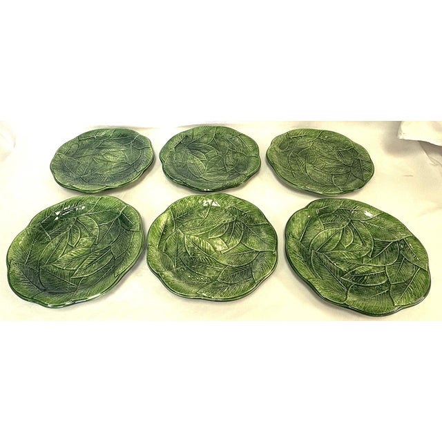 Boho Chic Vintage Italian Majolica Vietri Leonardo Ceramic Leaf Dishes- Set of 6 For Sale - Image 3 of 14