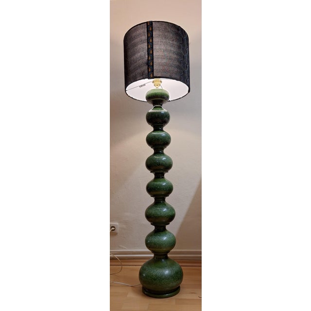 1970s Large German Floor Lamp with Green 8-Ball Column and Handmade Fabric Shade, 1970s For Sale - Image 5 of 12