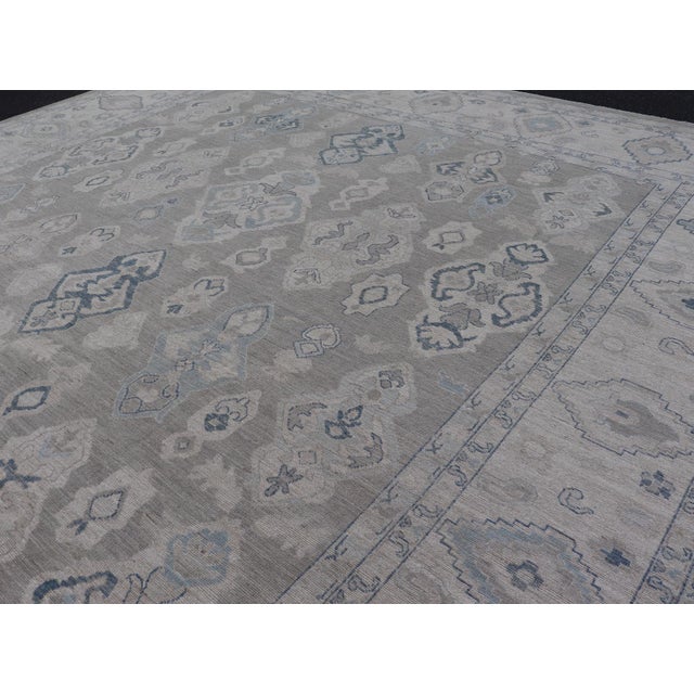 Gray Turkish Oushak Rug With Soft Gray Field and Pale Blue Geometric Motifs For Sale - Image 8 of 16