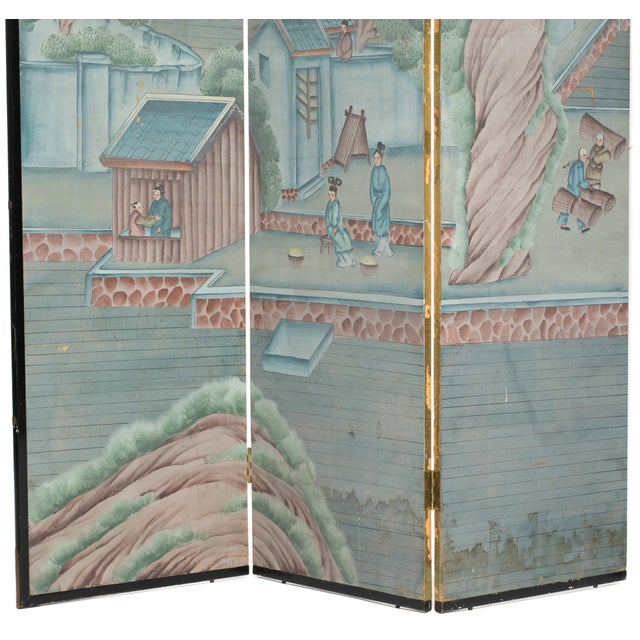 Antique Chinese Export Six Panel Watercolor Floor Screen, Hand-Painted For Sale - Image 4 of 12