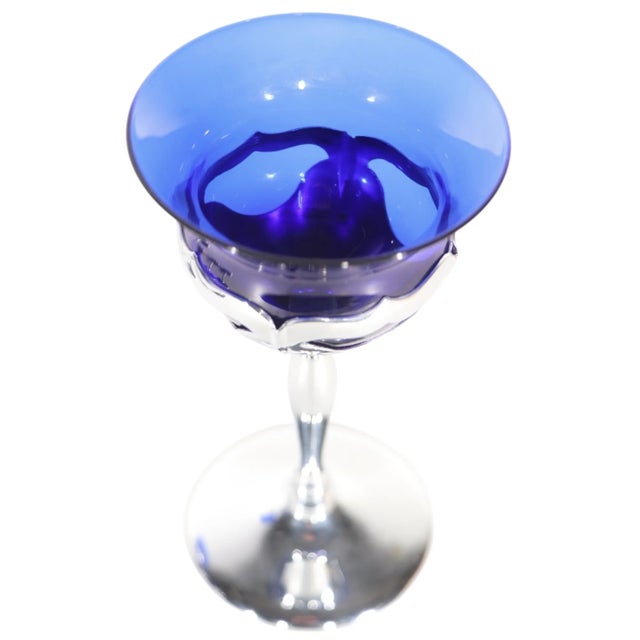 Cambridge Glass Company Set of Five Art Deco Mid Century Cobalt Glass and Chrome Wine Glasses by Farber Brothers N Y For Sale - Image 4 of 11