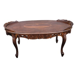 1930s Italian Hand Carved Walnut Coffee Table Refurbished Ornate Inlaid Rococo For Sale
