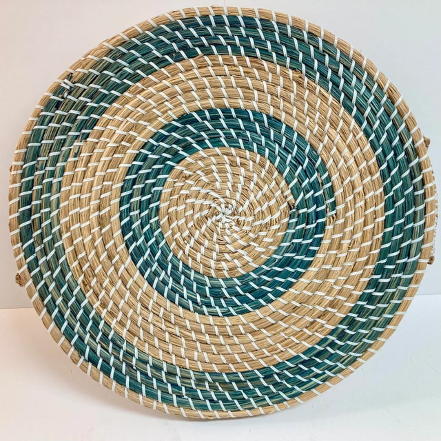 Round Ratan Natural and Blue Tray With Handles For Sale - Image 10 of 10