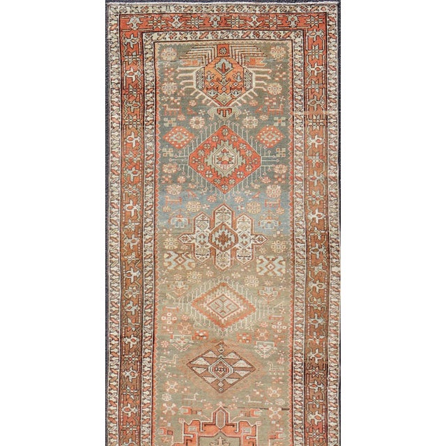 Tribal Antique Persian Long Serapi Runner With Multi Medallions in Green, Blue, Orange For Sale - Image 3 of 14