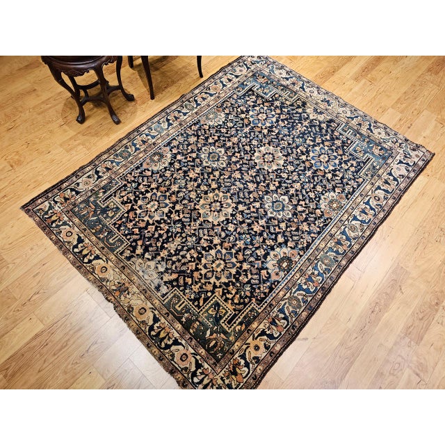 Vintage Persian Malayer Area Rug, Hand-Knotted Wool, Geometric Pattern, 5x7, Navy & Ivory For Sale - Image 14 of 18