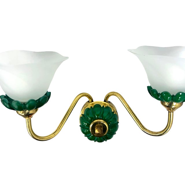 Preciosa Double Wall Lamp | Czechoslovakia 1980s | Malachite Glass | Brass | E14 For Sale - Image 9 of 14