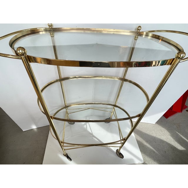Metal Century Italian Brass 3 Tier Bar Cart, With Glass Shelves, 1970s For Sale - Image 7 of 16