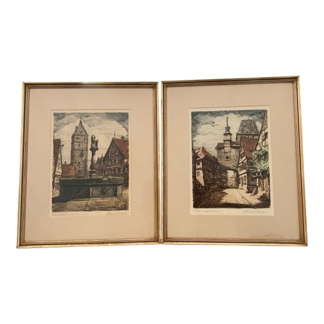 Pair of Signed Mid-Century Hand-Colored German Etchings of Rothenburg Ob Der Tauber | Ernst Geissendörfer & Albert Wiese For Sale