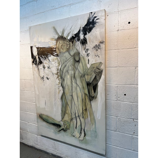 A striking contemporary mixed-media artwork featuring an expressive, atmospheric interpretation of the Statue of Liberty....