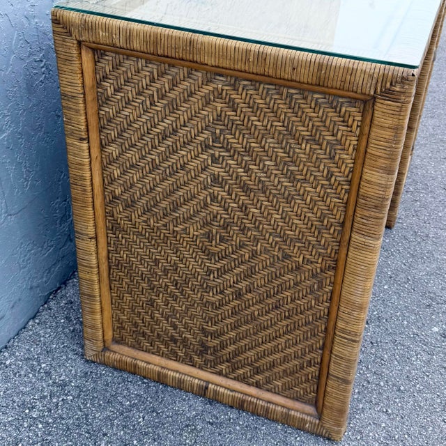 Late 20th Century Boho Chic Woven Wicker Glass Top Writing Desk With Chair - 2 Pieces For Sale - Image 5 of 12