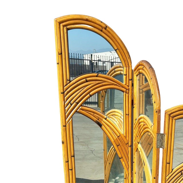 1950s 1950s Restored 3-Panel Art Deco Palm Frond Design Rattan Mirror Folding Screen For Sale - Image 5 of 8